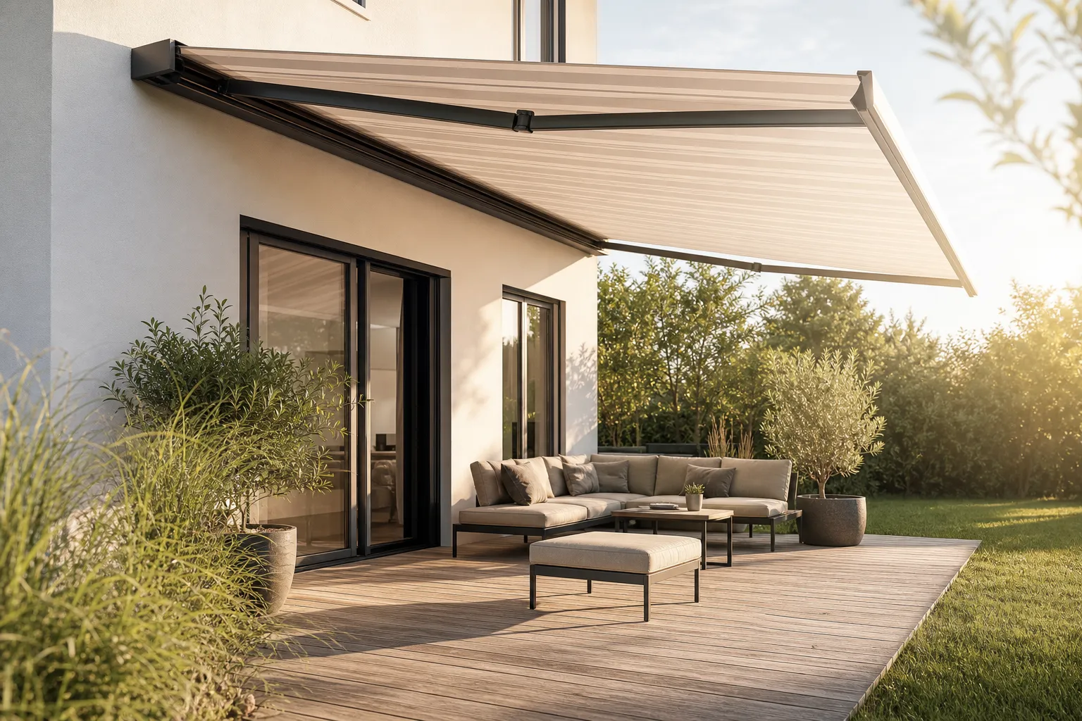 Moderne Terrasse mit ausgefahrener Kassettenmarkise und ruhigem Sitzbereich
