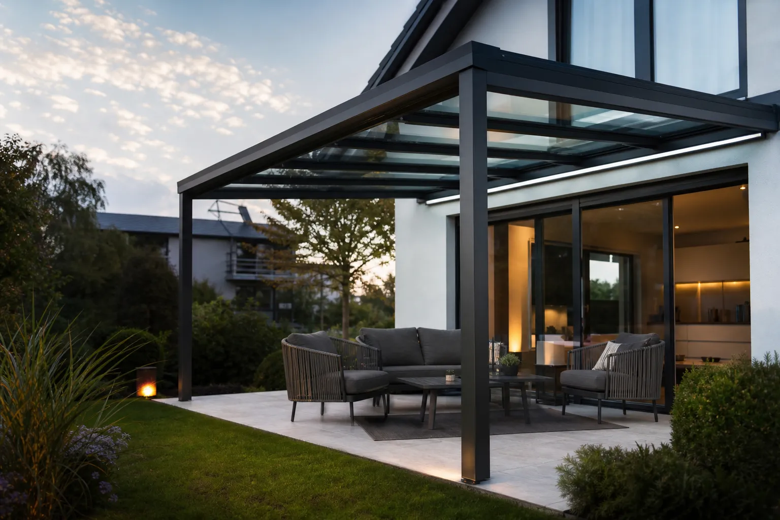 Modernes Terrassendach mit klarer Glaseindeckung an einem Wohnhaus